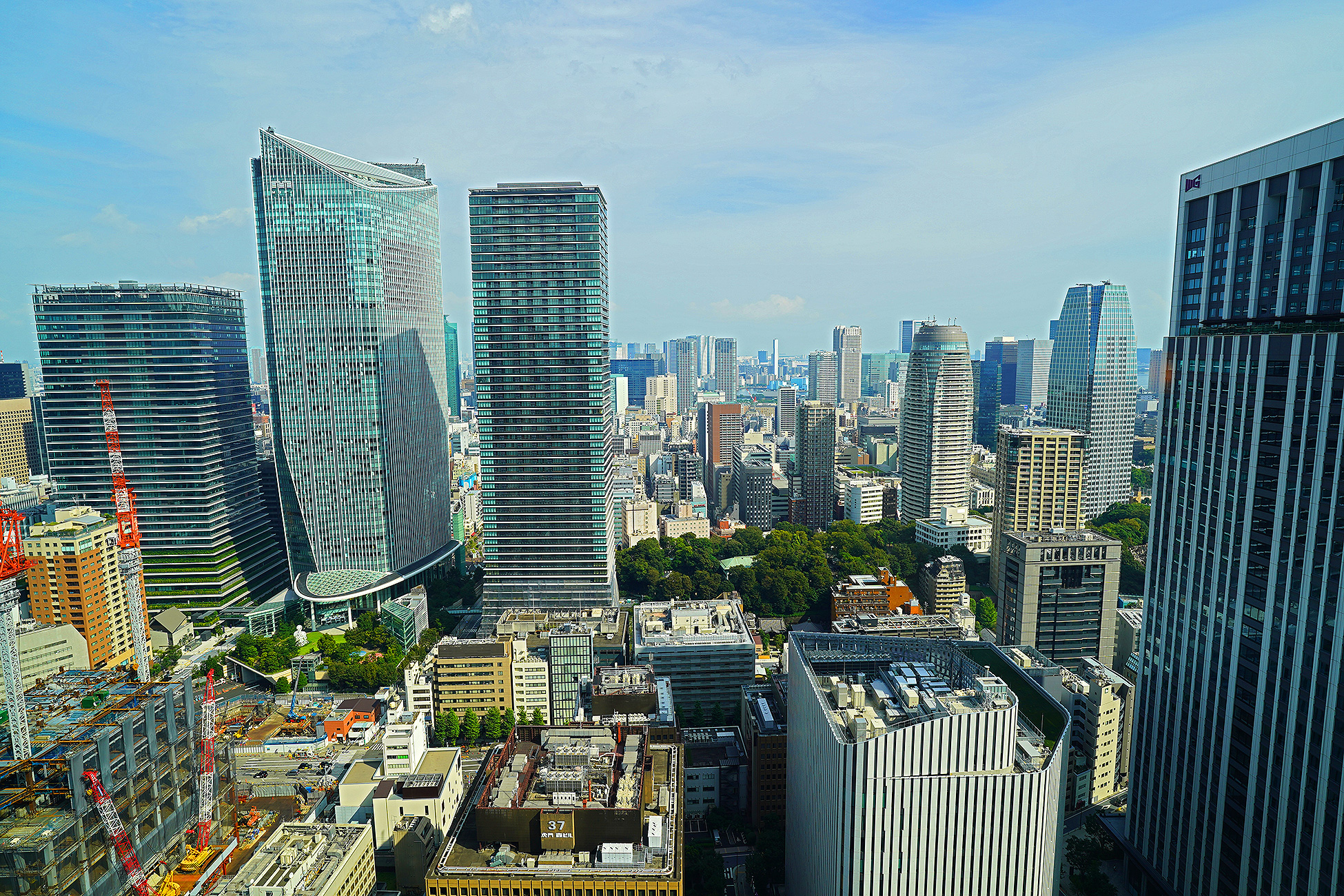 The Okura Tokyoプレステージルームからの眺望。都心のビル群の中に大きな緑がひとかたまり見える
