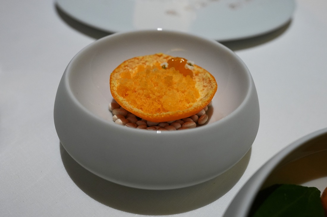 豆を敷いた器に、柑橘の皮を器にして詰めたオレンジ色のグラニテ